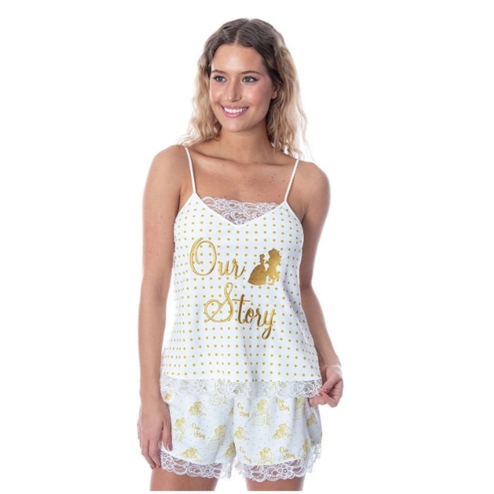 NWT Disney’s Princess Belle Off-White & Golden “Our Story” Pajama Set Womens XS